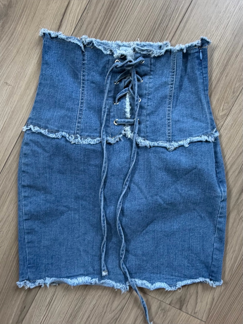 Denim Blvd Lace-Up High-Waist Corset Mini Skirt - Blue Side Zip